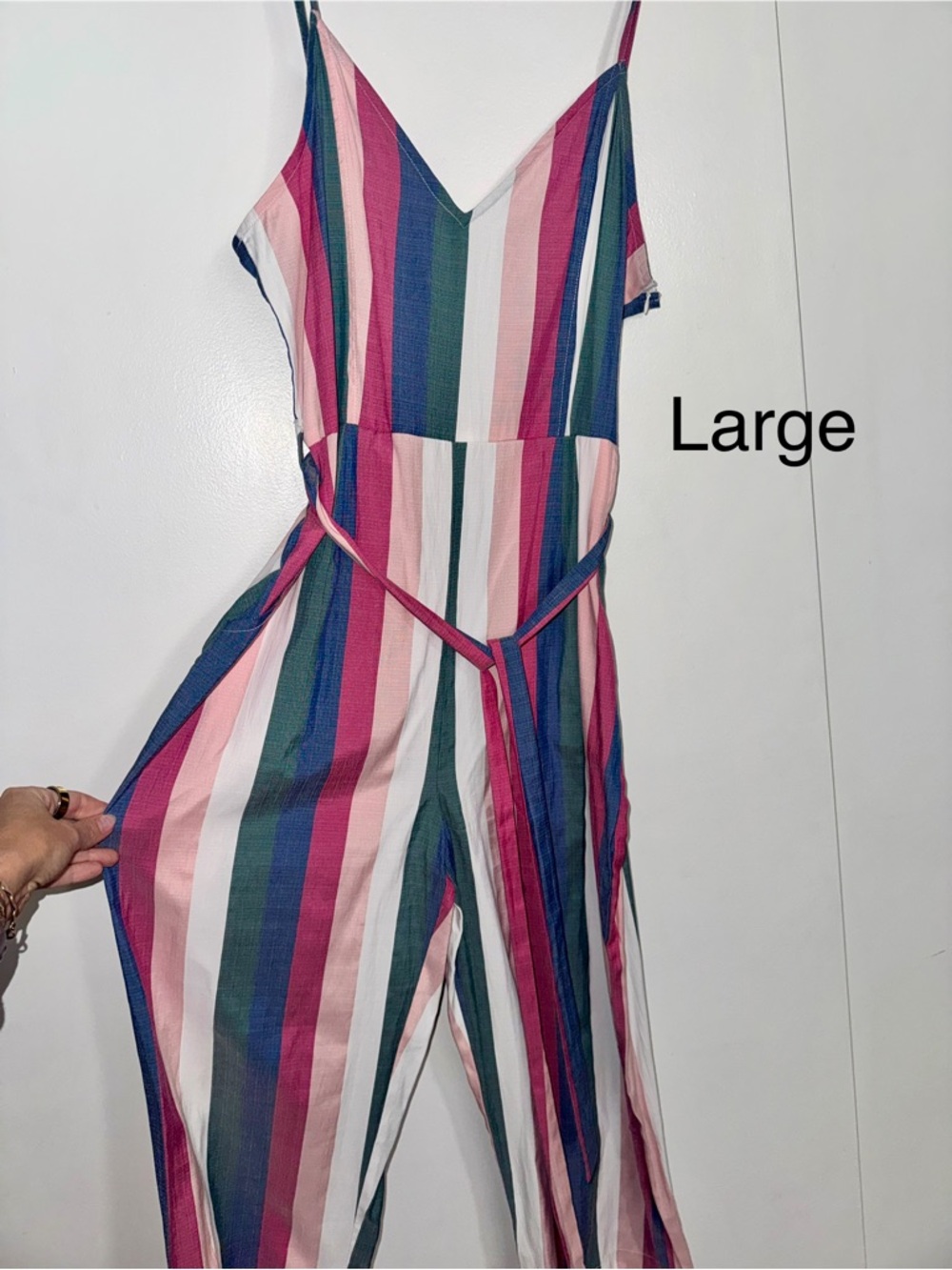 Striped Spaghetti Strap Jumpsuit in Pink, Green & Blue